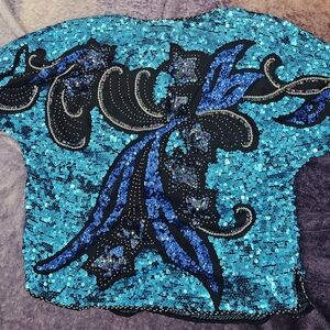 Turquoise Sequin Embellished Top with Navy Black Accents